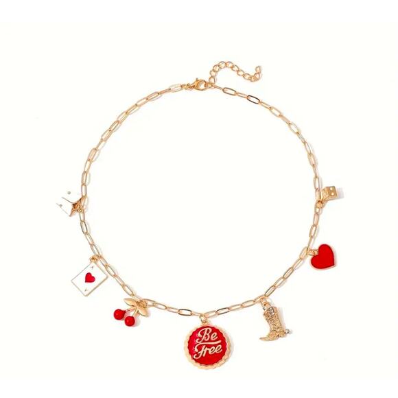 Be Free Charm Necklace Red Enamel Charms Gold Wide Link Chain NWT Cottage - Picture 6 of 6